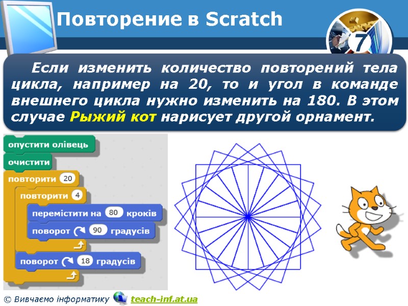 Повторение в Scratch Если изменить количество повторений тела цикла, например на 20, то и
